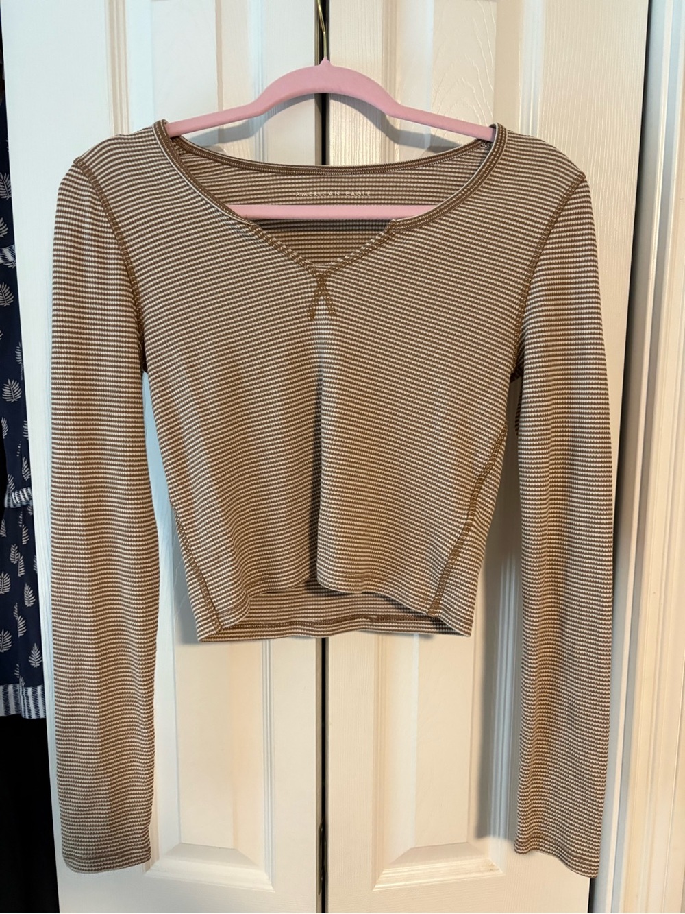 American Eagle Outfitters Tan & White Striped V-Neck Long-Sleeve Crop Top